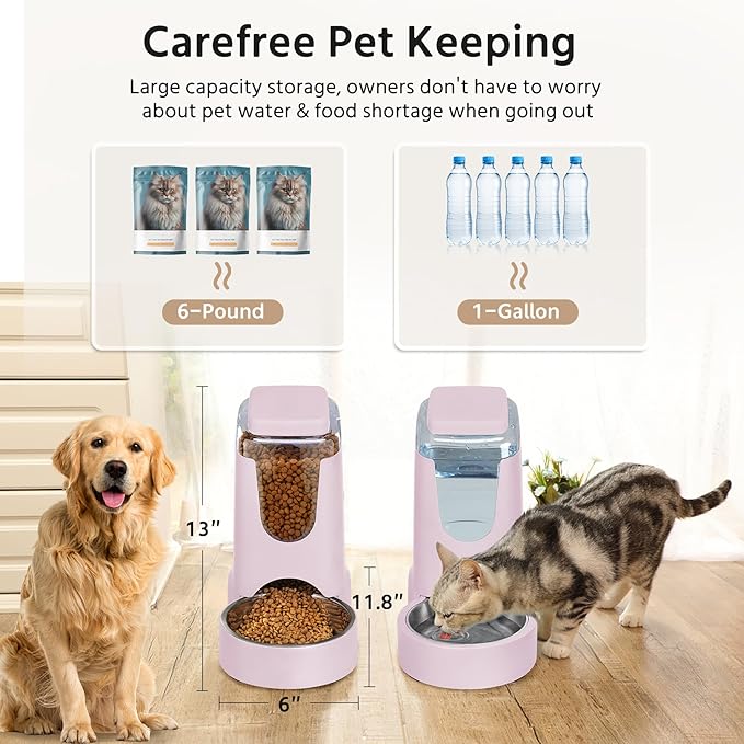 2 Pack Automatic Cat Feeder and Stainless Steel Water Dispenser, Gravity Dog Waterer Set Food Feeder and Waterer Set for Small Medium Kitten Puppy Pets(1 Gallon x 2, Violet)