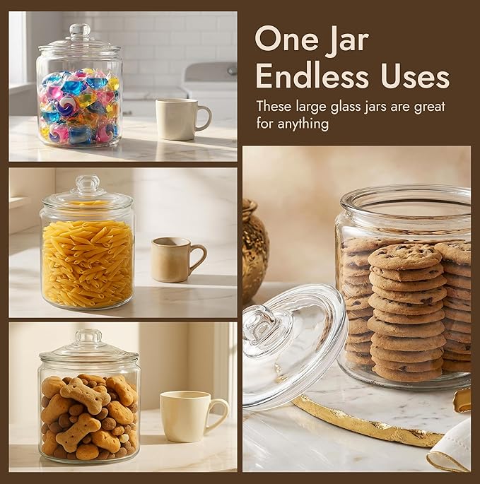 1 Gallon Glass Cookie Jar with Lid – Glass Jar with Lid - Airtight Food Storage Container for Cookies, Candy, Flour, Dog Treats – Clear Large Kitchen Jar for Pantry or Laundry Room