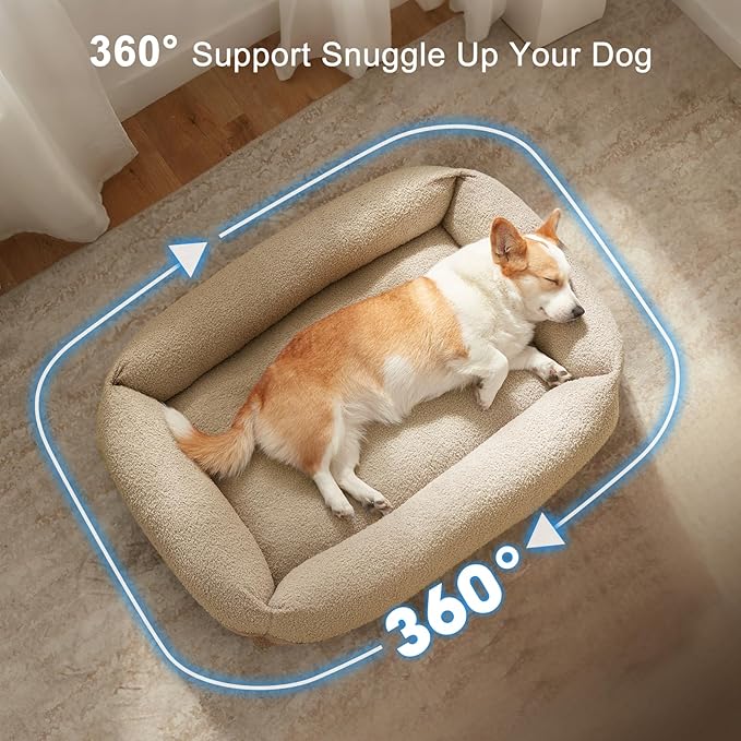 FURTIME Washable Dog Bed Medium Large Size Dogs, Rectangle Comfy Fluffy Pet Bed, Removable Zipper Cover Machine Wash, Soft Orthopedic Bed Durable Pet Cuddler with Anti-Slip Bottom, 30"x24"x8", Beige