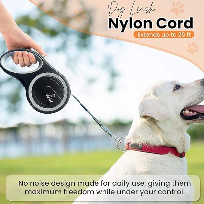 Retractable Dog Leash – Extendable up to 26 FT, Heavy Duty Nylon Tape, No-Tangle, One-Handed Brake & Lock, for Small to X-Large Dogs up to 110 lbs (Black)