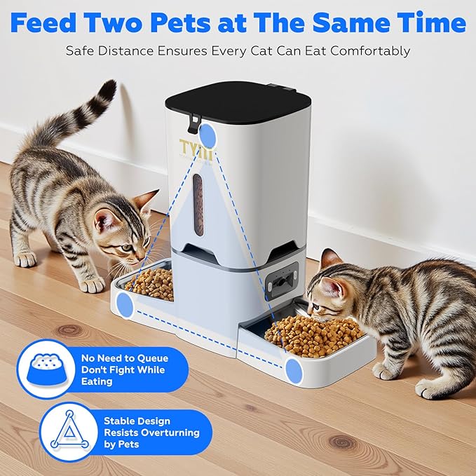 TYM Automatic Cat Feeder with 2 Camera for 2 Cats,7L Dog Automatic Feeder with Night Vision 2K 4MP 5G WiFi Dual Cat Feeder with Smart App Two Way Audio Privacy Masking Stainless Steel