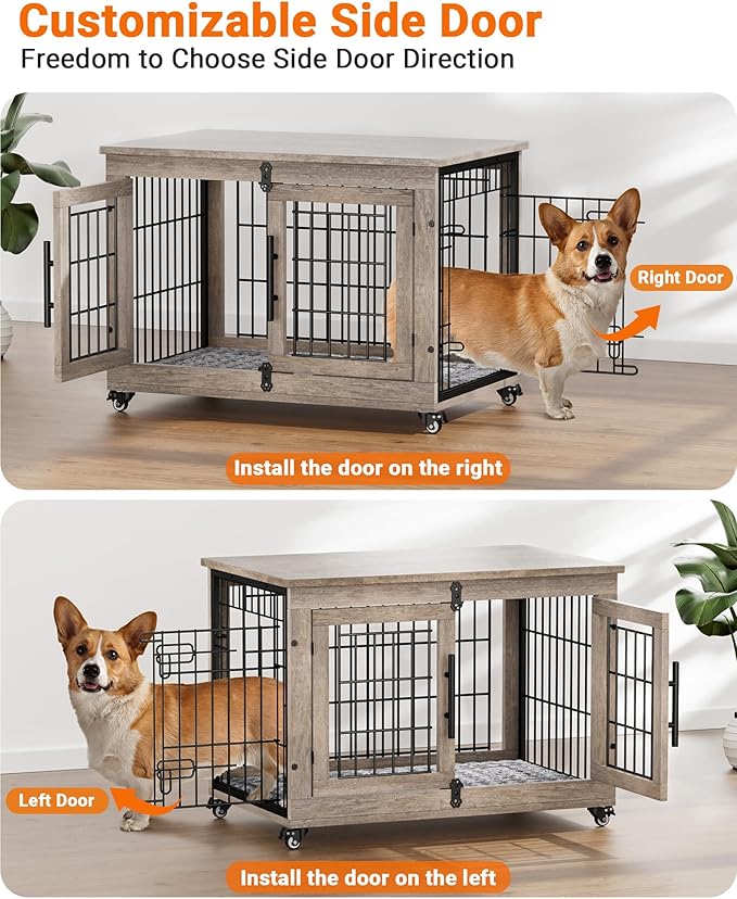 YaFiti Dog Crate Furniture with Cushion, Wooden Dog Kennel with Double Doors, Heavy Duty Dog Cage End Table with Wheels, Dog House Indoor for Small Medium Dogs up to 45 lb, 32.5” L, Grey