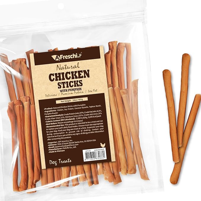 A Freschi srl Chicken Dog Treats, All Natural, Healthy & Easily Digestible, Grain-Free Puppy Chews, Low-Fat, Human Grade Training & Rewards Dog Snacks, Chicken Sticks with Pumpkin, 24 oz Pack