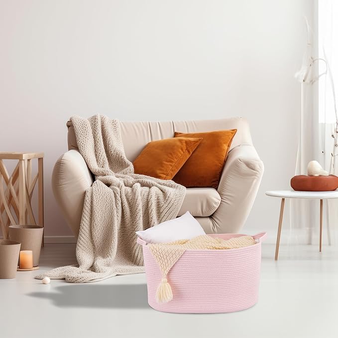 XUANGUO Large Rectangle Blankets Baskets 22"x17"x12" Toy Basket for Kids Woven Cotton Rope Storage Basket for Nursery - Wicker Laundry Baskets for Clothes Towels - Ideal for Living Room Storage pink