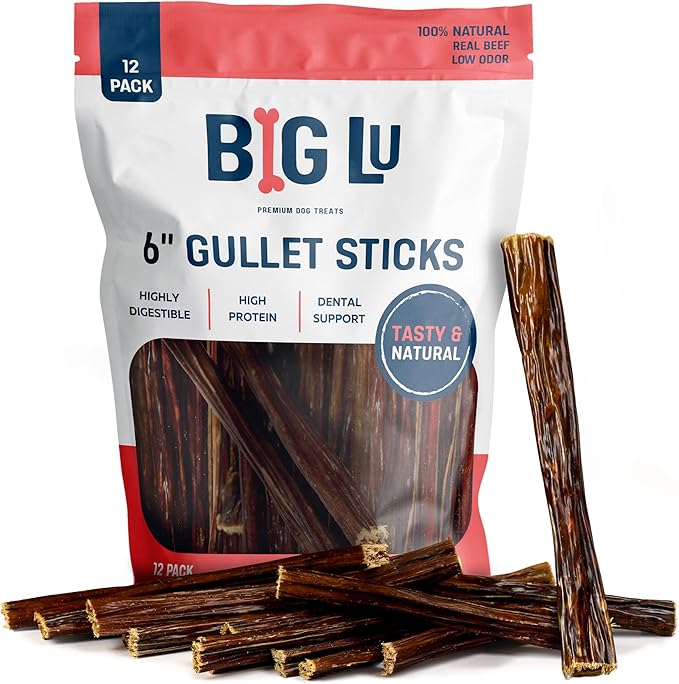 Big Lu - 6-Inch Beef Jerky Sticks for Dogs, 12 Count, All-Natural Beef Gullet, Grass-Fed Jerky Chews, Fully Digestible, High-Protein Treats with Glucosamine and Chondroitin for Joint Health