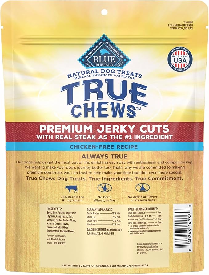 Blue Buffalo True Chews Premium Jerky Cuts Dog Treats, Made in the USA with Natural Ingredients, Beef, 10-oz Bag
