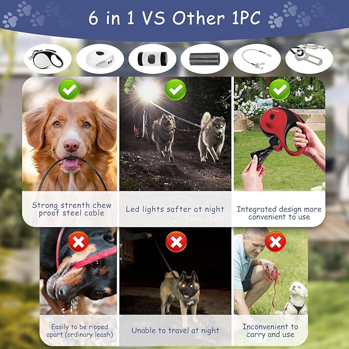 26Ft Retractable Dog Leash - for Dog Up to 110lbs, Tangle Free Walking Leash with Chew Proof Cable | LED Light | Dispenser | Poop Bags, Quick Lock Braking & Non-Slip Handle (White)