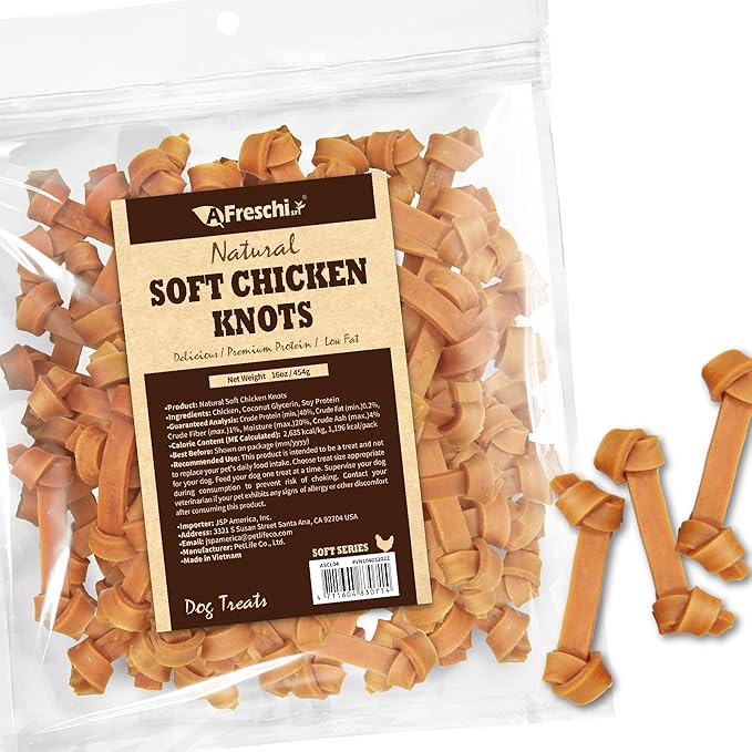 Afreschi Soft Chicken Dog Treats, All Natural, High-Protein, Healthy & Easily Digestible, Grain-Free Puppy Chews, Human Grade Training & Rewards Dog Snacks, Chicken Knots, 16 oz Pack