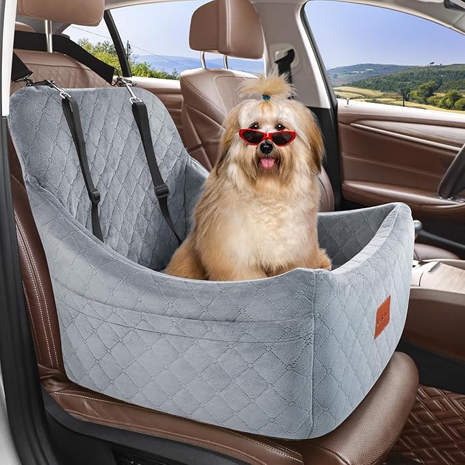 Dog Car Seat for Medium Dogs Up to 40lbs,Fully Detachable and Washable,Easy to Install with Adjustable Straps,Anti-Slip Base Travel Car Bed for Pets,2 Side Pockets(Grey,Medium)