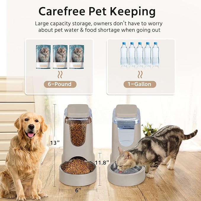 2 Pack Automatic Cat Feeder and Stainless Steel Water Dispenser, Gravity Dog Waterer Set Food Feeder and Waterer Set for Small Medium Kitten Puppy Pets(1 Gallon x 2, Brown)