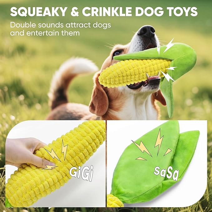 Vitscan Tough Dog Toys for Not Aggressive Chewers, Durable Dog Chew Toys for Small Medium Large Dogs,Interactive Crinkle Squeaky Dog Toys to Keep Them Busy Corn Plush Puppy IQ Training Dogs Puzzle Toy