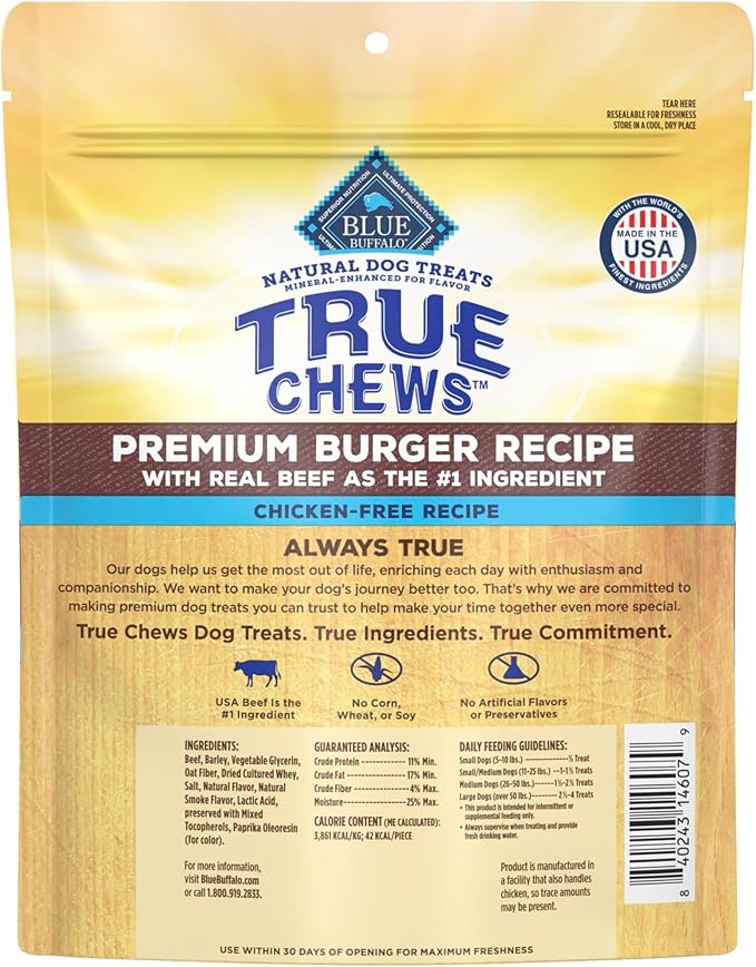 Blue Buffalo True Chews Dog Treats, Made in the USA with Natural Ingredients, Beef Burger Recipe, 10-oz Bag