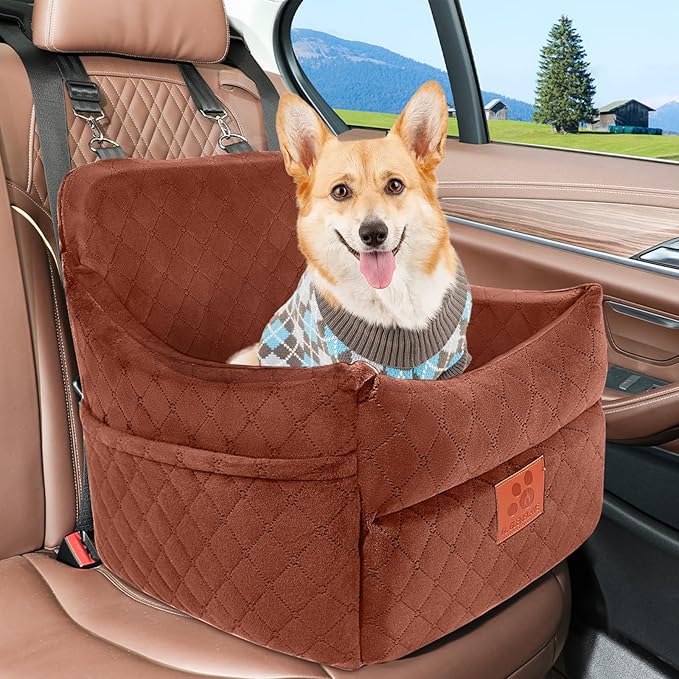Dog Car Seat for Small/Medium Dogs, Dog Booster Car Seats with Thick Cushion for Dogs Under 35 lbs, Detachable Washable Pet Carseat with Storage Pockets, 2 Safety Belts(Brown)