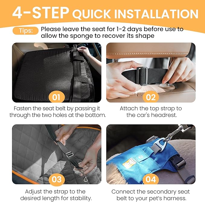 Dog Car Seat for Small Dog, Booster Seat for Dogs Under 30lb, Elevated Pet Seat with Pockets, Anti-Slip Bed for Car, Perfect for Front & Back Seats with Safety Leash (Black/Grey, Medium)