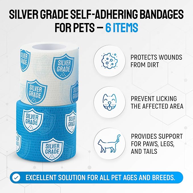 SILVER GRADE Wrap Self Adhesive Bandages 6 Rolls for Horses - 2 Inch Cohesive Pet Wrap for Dogs & Cats - Flexible & Durable First Aid Tape