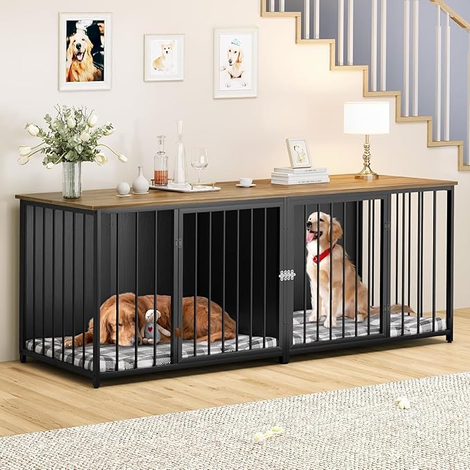 YITAHOME Double Dog Crate Furniture, 80.2 inch Large Breed Dog Kennel with Divider, Heavy Duty Dog House TV Stand Indoor for 2 Medium Dogs, Black