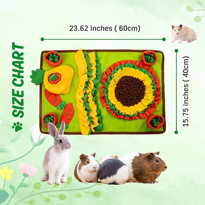 MHTTEC Sunflower Carrot Rabbit Foraging Mat, Washable Bunny Hay Feeder Treat Dispenser Foraging Toys for Rabbits Guinea Pigs Chinchillas Ferrets