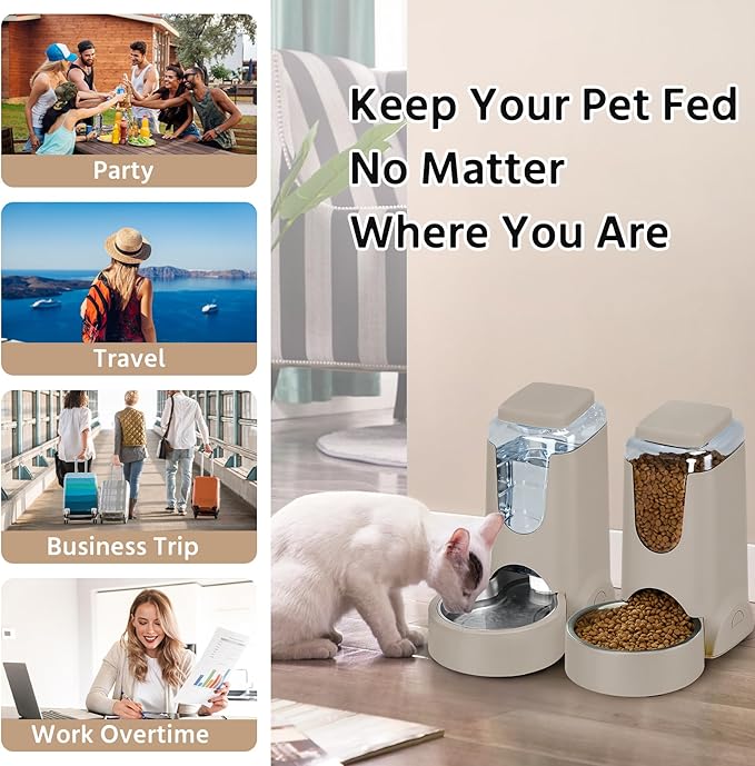 2 Pack Automatic Cat Feeder and Stainless Steel Water Dispenser, Gravity Dog Waterer Set Food Feeder and Waterer Set for Small Medium Kitten Puppy Pets(1 Gallon x 2, Brown)