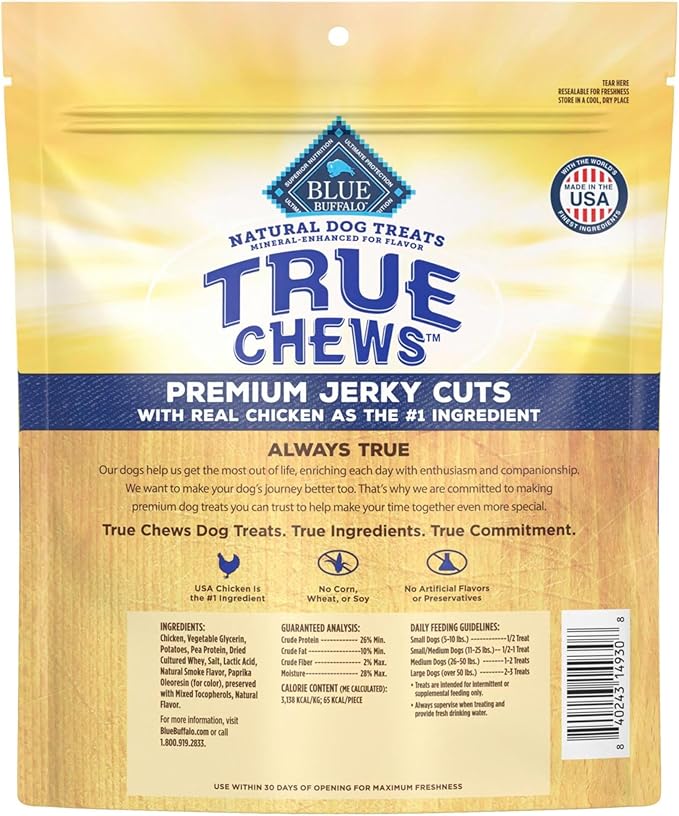 Blue Buffalo True Chews Premium Jerky Cuts Dog Treats, Made in The USA with Natural Ingredients, Chicken, 12-oz Bag