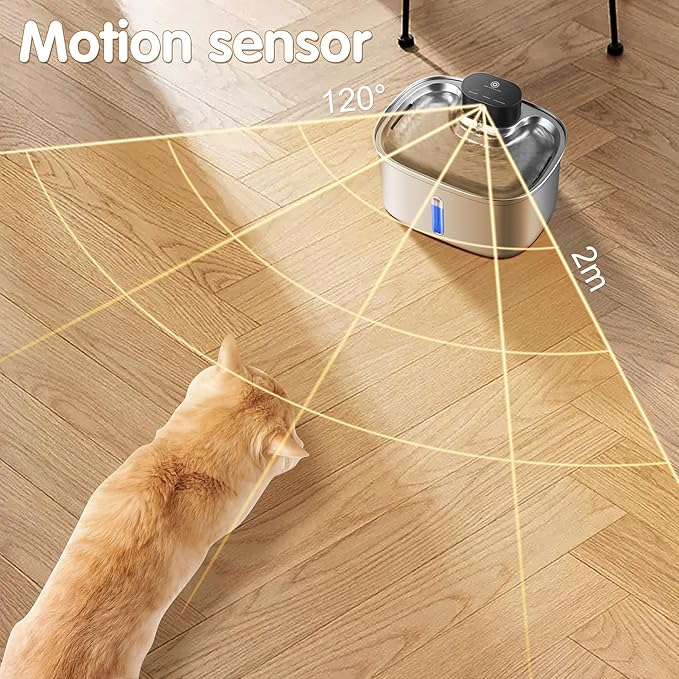 Wireless Cat Water Fountain Stainless Steel, 5L/169oz Automatic Pet Water Dispenser with 5000mAh Battery, 3 Modes (Sensor/Timer/Continuous), Ultra Quiet Pump & 6 Replacement Filters for Cats & Dogs