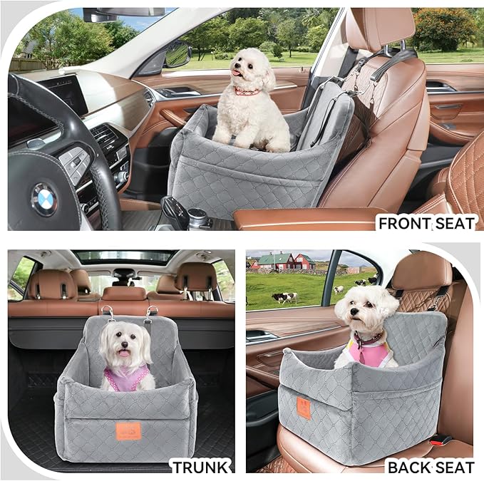 Dog Car Seat for Small/Medium Dogs, Dog Booster Car Seats with Thick Cushion for Dogs Under 35lbs, Detachable Washable Pet Carseat with Storage Pockets, 2 Safety Belts