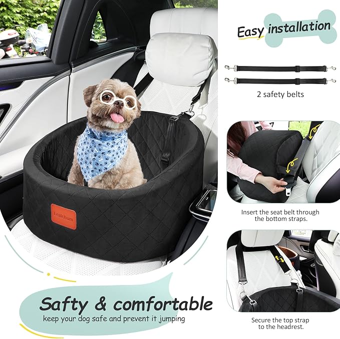 Dog Car Seat for Small Dogs Up to 30 Lbs,Ultra Soft Fabric Fill in Comfy Memory Foam,Happy Pet Ride,2 Safety Dog Leashes,Fully Detachable and Washable,Anti Slip Base(Black)