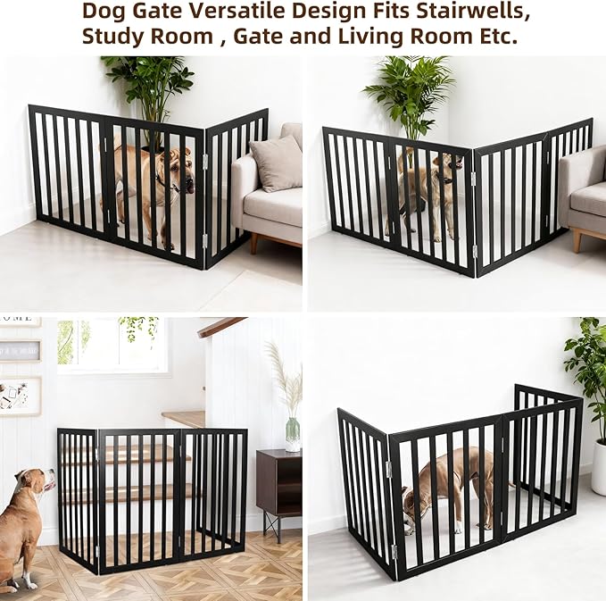 ZJSF Freestanding Indoor Dog Gate for House Foldable Wood Black Puppy Gate for Doorways Pet Gate for Stairs Extra Wide Pet Fence 32" Height 3 Panels