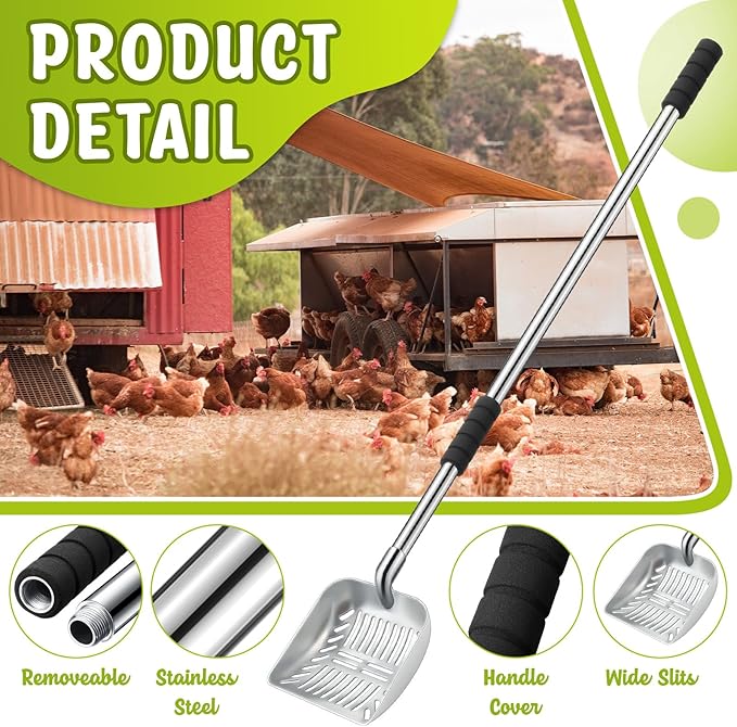 48 Inch Metal Chicken Coop Pooper Scooper (16 to 48 Inch) Long Handle Scooper with Detachable Stainless Steel Long Handle Gloves Accessory for Cleaning Chicken Coop(Silver)