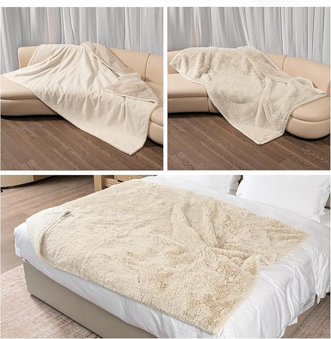 Waterproof Calming Dog Blanket Cream Long Faux Fur Pet Throw Blankets for Medium Dogs Cats Couch Sofa Covers Love Bed Cover Washable(Cream,L-65x57in)