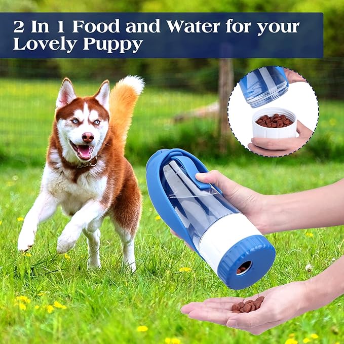 TIOVERY Dog Water Bottle, Pet Water Bottle with Food Container, Portable Dog Drinking Bottle Cup Dispenser for Outdoor Walking, Hiking, Travel Large Blue