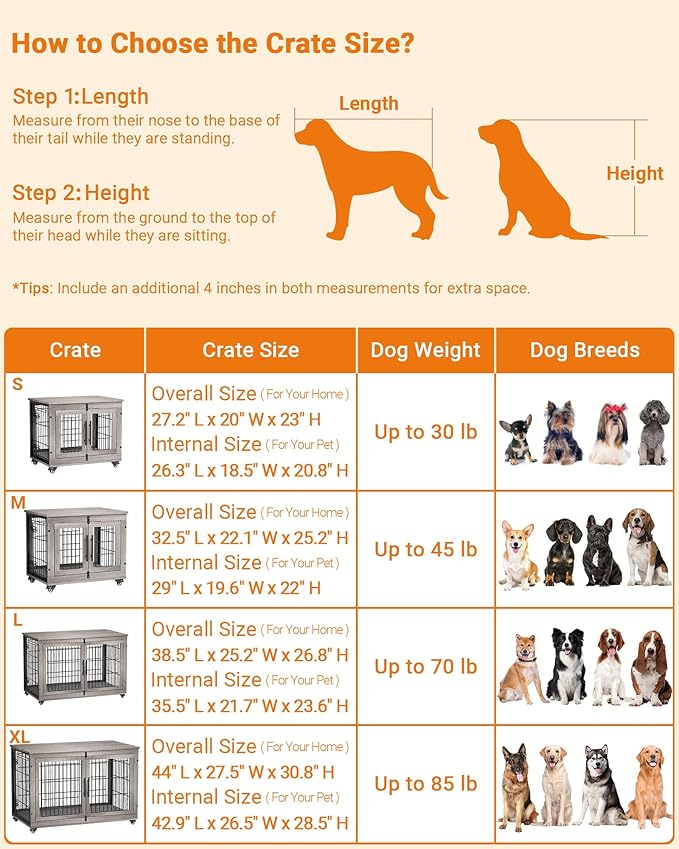 YaFiti Dog Crate Furniture with Cushion, Wooden Dog Kennel Indoor with Double Doors, Dog Cage with Wheels, Dog House Side End Table for Large Dogs up to 85 lb, 44" L, Grey