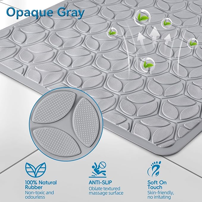 WRISIN Bathtub Mat Non Slip with Suction Cups - 100% Rubber Bathroom Mat Textured for Bath Tub Shower Safety - Soft on Touch - BPA/PVC Free - Pet Dog Bath Mat - Machine Washable - 17 × 35 Inch（Gray）