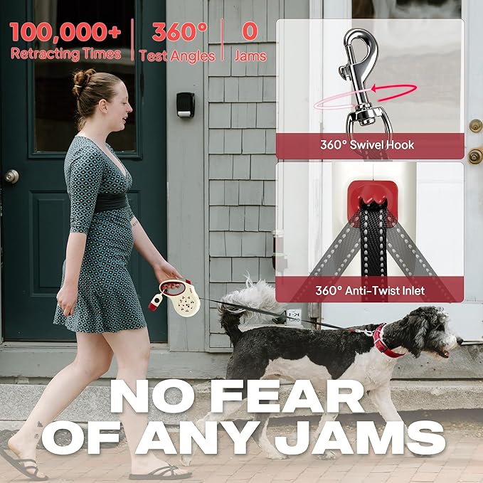 Fida Retractable Dog Leash with Dispenser and Poop Bags, 16 ft Pet Walking Leash for Small Dog or Cat up to 26 lbs, Anti-Slip Soft Handle, Tangle Free, Reflective Nylon Tape (S, Cherry)