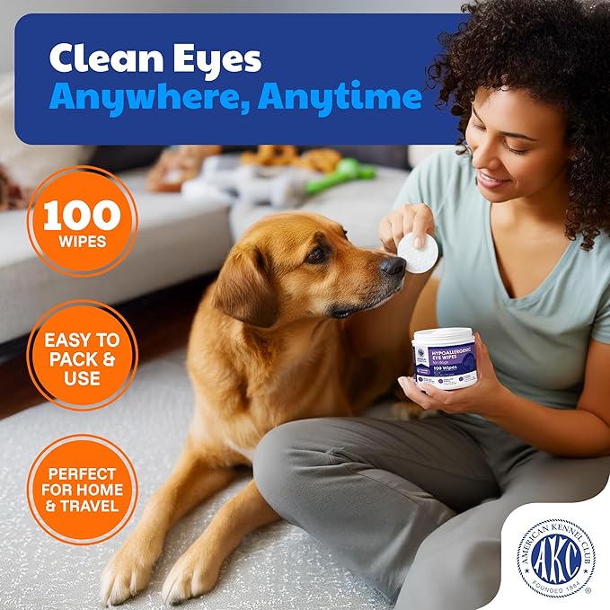 American Kennel Club Pet Eye Wipes for Dogs & Cats – Tear Stain Remover & Eye Discharge Cleaner – Hypoallergenic Grooming Wipes, 100 Count (Lavender Scent)