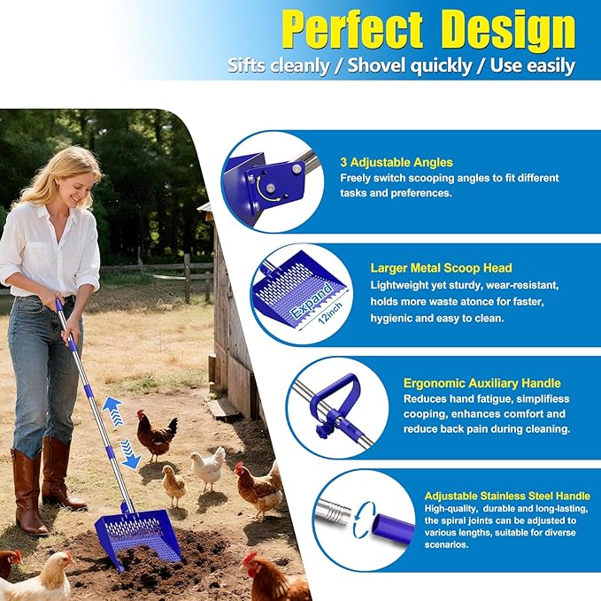12-Inch 2-in-1 Chicken Poop Scooper & Rake, Chicken Coop Scoop with Adjustable Stainless Steel Handle （24–64"）, 3 Angles & 2 Sifting Holes, Litter Scoop Sand Sifting Shovel Pooper Scooper (Blue)