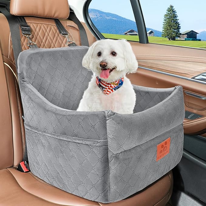 Dog Car Seat for Small/Medium Dogs, Dog Booster Car Seats with Thick Cushion for Dogs Under 35lbs, Detachable Washable Pet Carseat with Storage Pockets, 2 Safety Belts