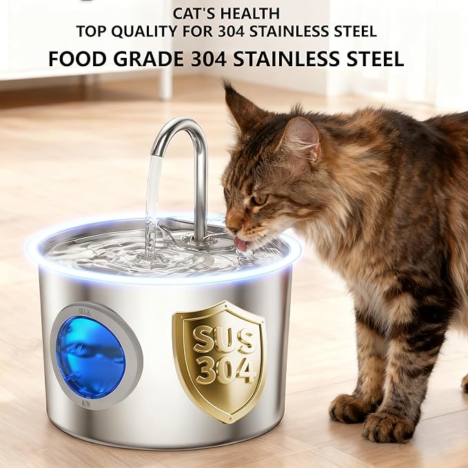 Cat Water Fountain Advanced 304 Stainless Steel 2.2L/74oz with Detachable Tank, Easy to Clean, Automatic Pet Fountain Quiet Cats Water Dispenser, Dogs (74oz Cat Fountain + 6 Filters)