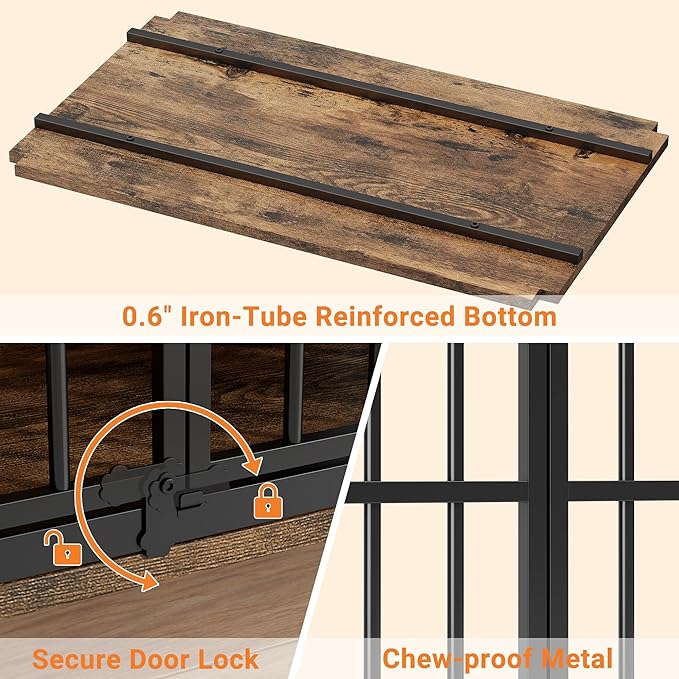 YaFiti 37.7" Dog Crate Furniture Set of 2, Wooden Dog Kennel Indoor with 360° Rotating Feeder and 2 Adjustable Bowls, Decorative Side End Table Dog Cage for Medium Dogs, Rustic Brown