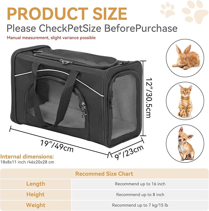 ‌Petsfit Airline Approved Pet Carrier for Small Dogs & Cats, 19x9x12 TSA Approved Carrier, with Removable Dual-Sided Padding (2-Way Placement) - Fits Under Most Airplane Seats, Escape Proof (Black)