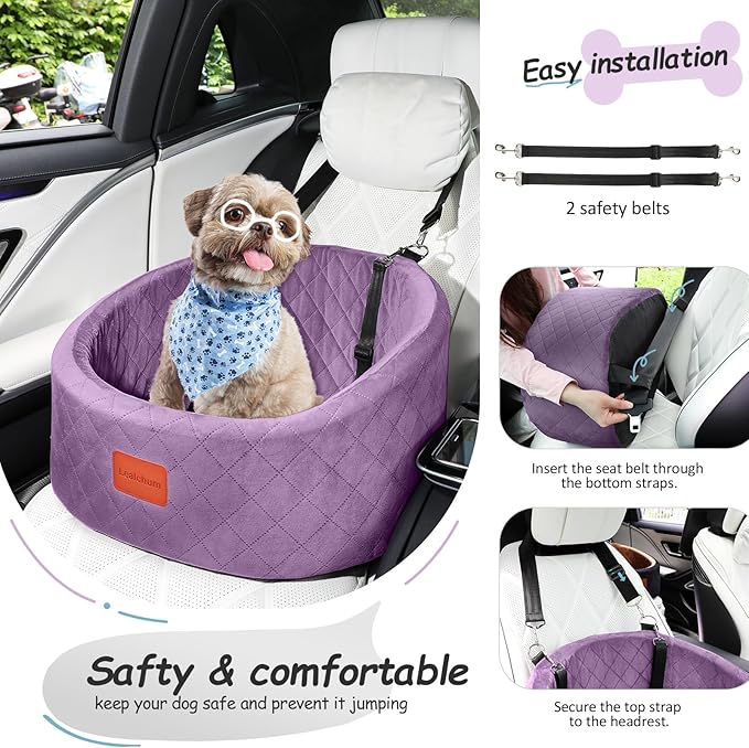 Dog Car Seat for Small Dogs Up to 30 Lbs,Ultra Soft Fabric Fill in Comfy Memory Foam,Happy Pet Ride,2 Safety Dog Leashes,Fully Detachable and Washable,Anti Slip Base(Purple)