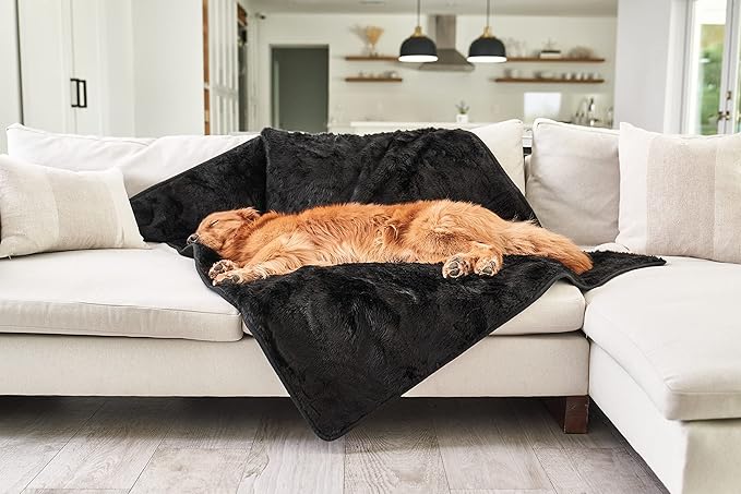 PupProtector Waterproof Throw Blanket for Dogs and Cats, Pet Blanket Cover for Couches, Sofas, Beds, Car Seats, Furniture, Calming Soft Faux Fur, Midnight Black, Large (80" L x 62" W)