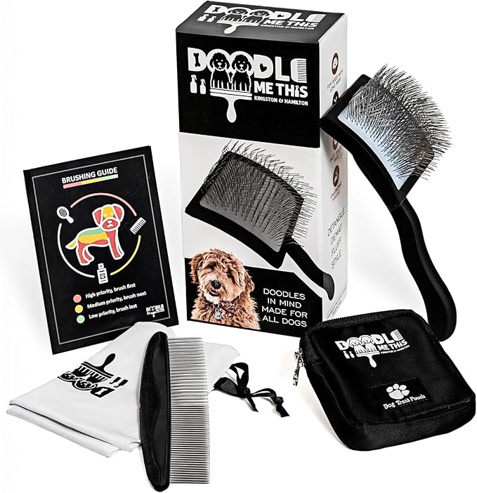 Slicker Brush for Dogs Kit Includes Comb Treat Pouch Bag and Guide Turns Stressful Grooming into bonding While Gently detangles matted Curly Wavy Coats.