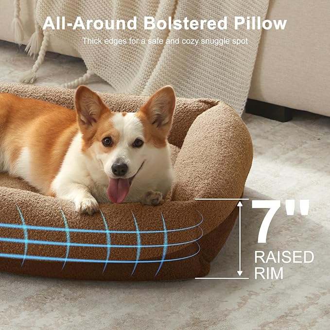 FURTIME Washable Dog Bed Medium Size Dogs, Rectangle Comfy Fluffy Medium Dog Bed, Removable Zipper Cover Machine Wash, Soft Orthopedic Bed Durable Pet Cuddler with Anti-Slip Bottom, 25"x21"x7", Brown