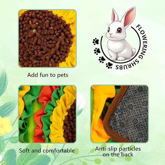 MHTTEC Sunflower Carrot Rabbit Foraging Mat, Washable Bunny Hay Feeder Treat Dispenser Foraging Toys for Rabbits Guinea Pigs Chinchillas Ferrets