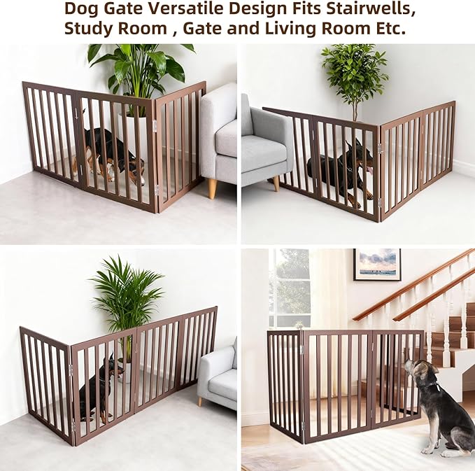ZJSF Freestanding Indoor Dog Gate for House Foldable Wood Brown Puppy Gate for Doorways Pet Gate for Stairs Extra Wide Pet Fence 32" Height 3 Panels