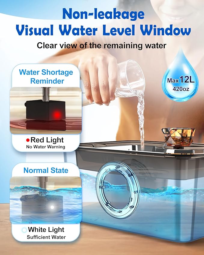 3Gal Dog Water Fountain SS304,Large Ultra-Purification Cat Drinking Dispenser with Visual Window,Widely Drinking Area,Deep Purification Filter,Triple Waterfall Structures,Low Water Indicator