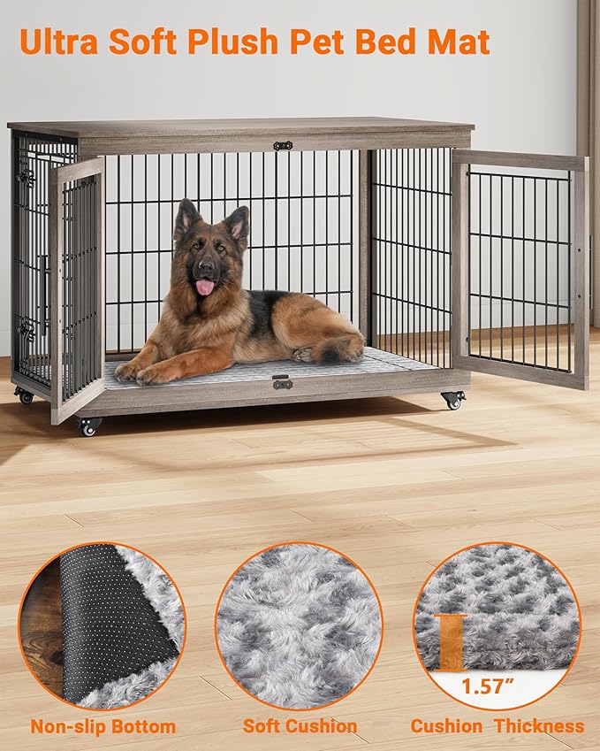 YaFiti Dog Crate Furniture with Cushion, Wooden Dog Kennel Indoor with Double Doors, Dog Cage with Wheels, Dog House Side End Table for Large Dogs up to 85 lb, 44" L, Grey