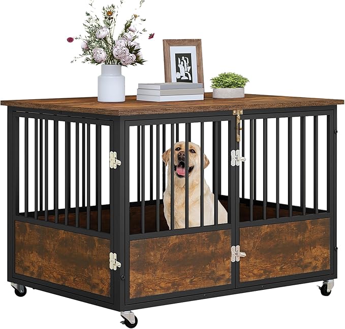 YITAHOME 43" Dog Crate Furniture with Wheels, Wooden Side End Table, Double-Doors Dog Kennel Indoor for Small/Medium/Large Dogs, Escape Proof Dog House Dog Cage, Rustic Brown