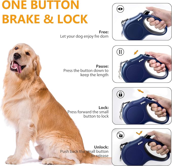 Fida Retractable Dog Leash with Dispenser and Poop Bags, 16 ft Pet Walking Leash for Large Dog up to 110 lbs, Anti-Slip Handle, Tangle-Free, Reflective Nylon Tape (L, Navy Blue)