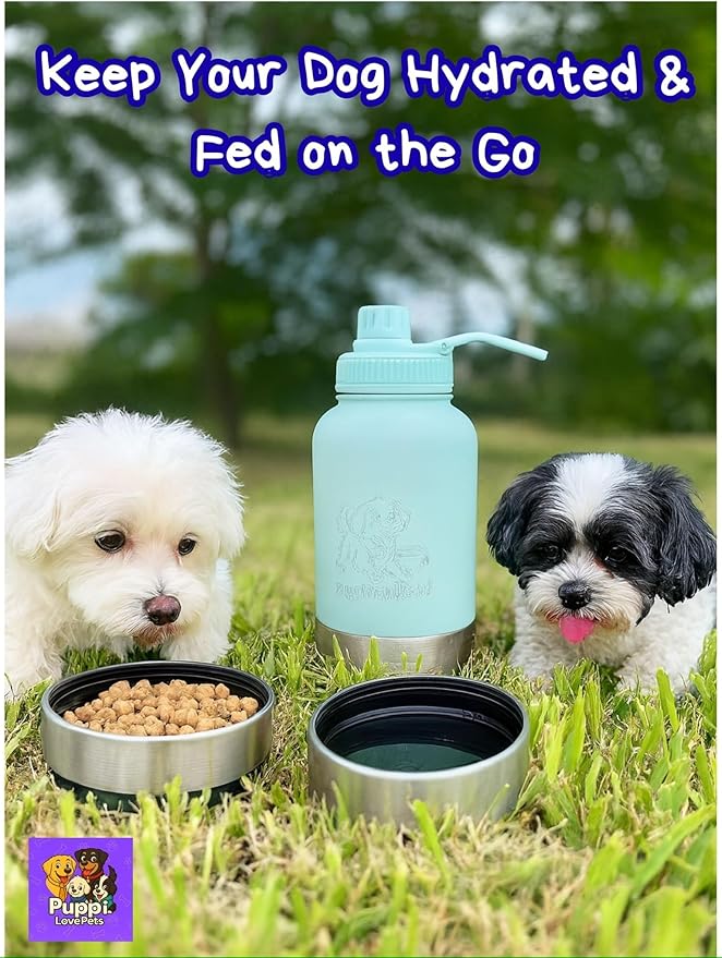 PuppiTravelBowl 3-in-1 Portable Dog Water & Food Bottle, 32oz Leak-Proof Travel Bowl for Pets – Green